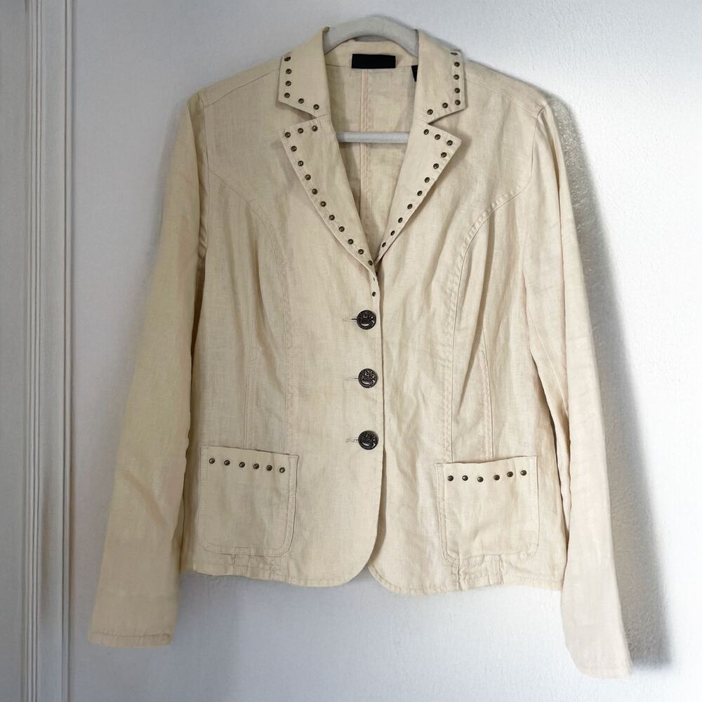 CONTEXT 100% Linen Studded Blazer Jacket Neutral Size 8 Vintage
